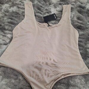 NASTY GAL Beige Sleeveless Square Neck Slinky Double Layer Bodysuit - 14 - BNWT